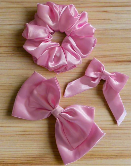 Blush Petal Hair Accessory Trio (1 Scrunchie + 1 Double Layer Bow + 1 Tail Bow) – Light Pink Elegant Set