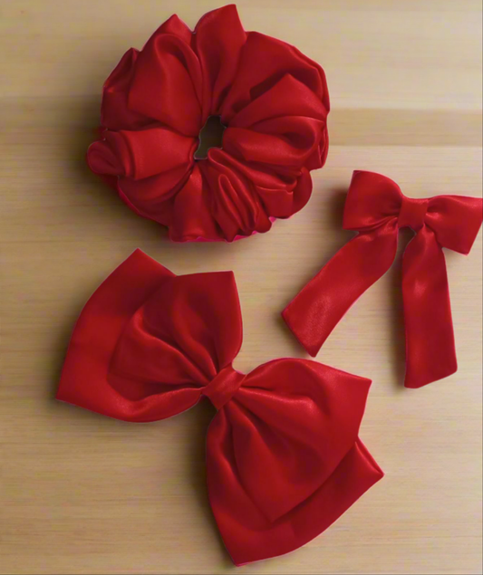 Ruby Radiance Trio (1 Scrunchie + 1 Double Layer Bow + 1 Tail Bow)
