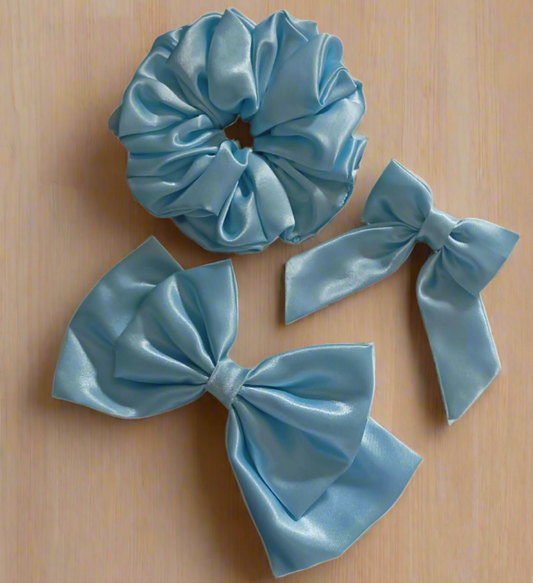 Aqua Bloom Trio (1 Scrunchie + 1 Double Layer Bow + 1 Tail Bow)