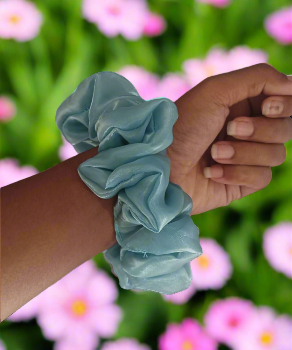 Aqua Glow Organza Scrunchie – Elegant Sheer Shine XL