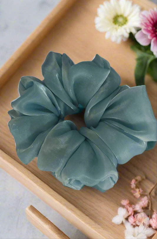 Aqua Glow Organza Scrunchie – Elegant Sheer Shine XL